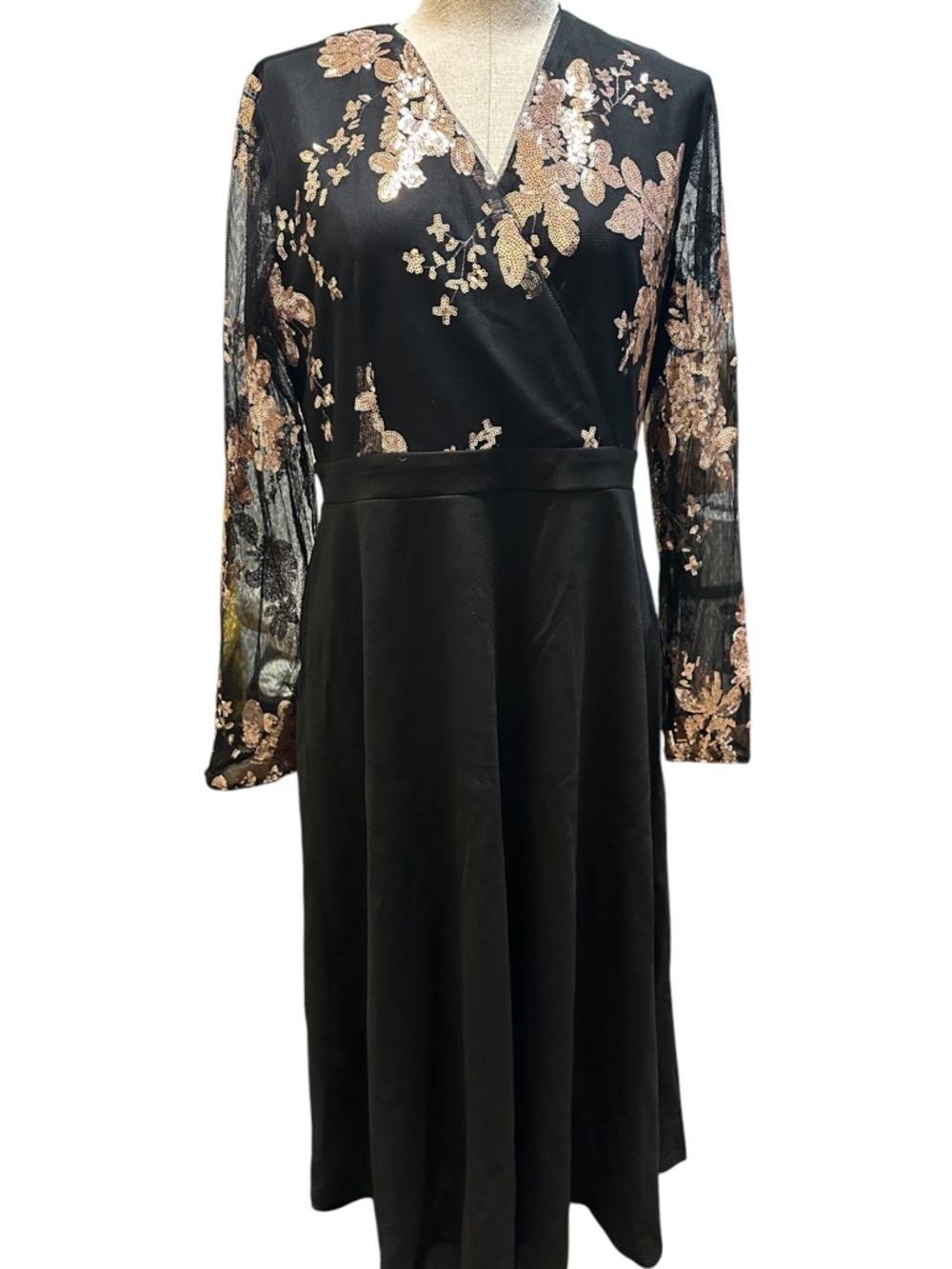 NWT JJs House Black Midi Dress with Sheer Gold Floral Lace Sleeves